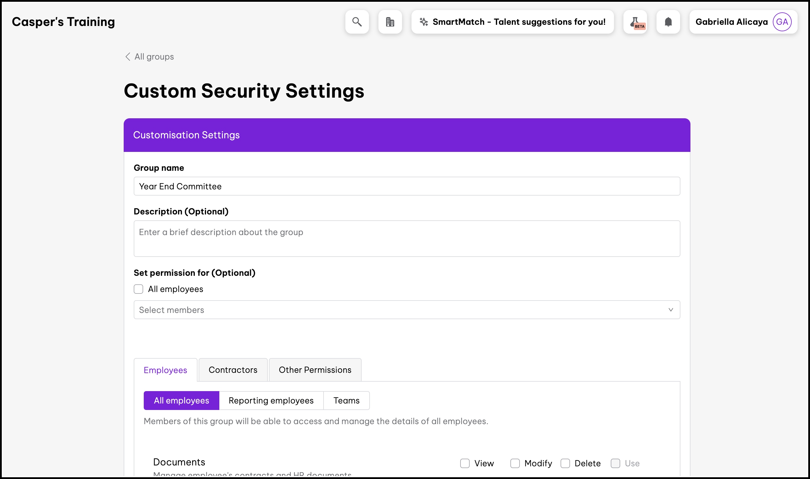 screenshot of the custom security settings page, showing where to add info for a new security group