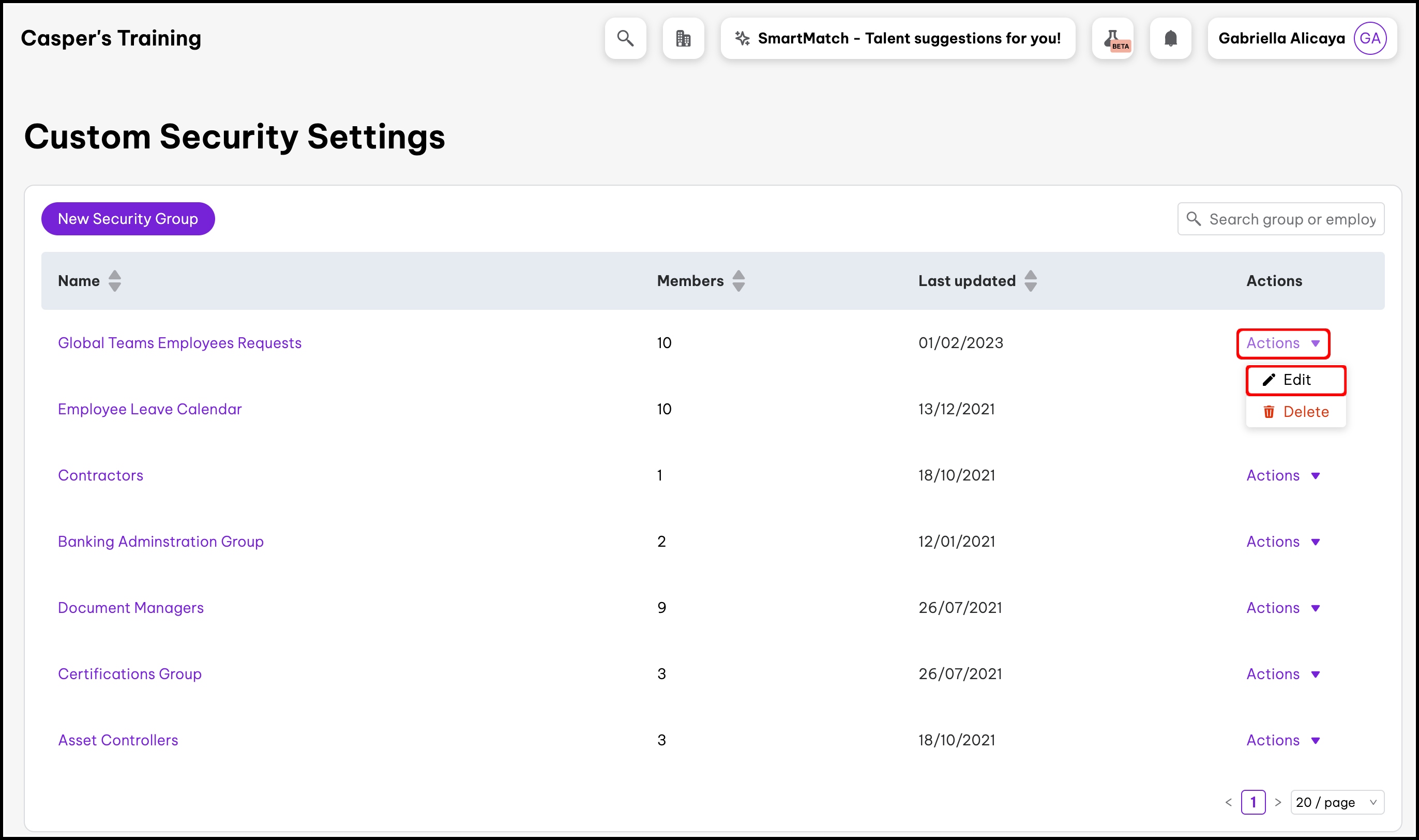 screenshot of the custom security settings, highlighting the actions and edit buttons for one group