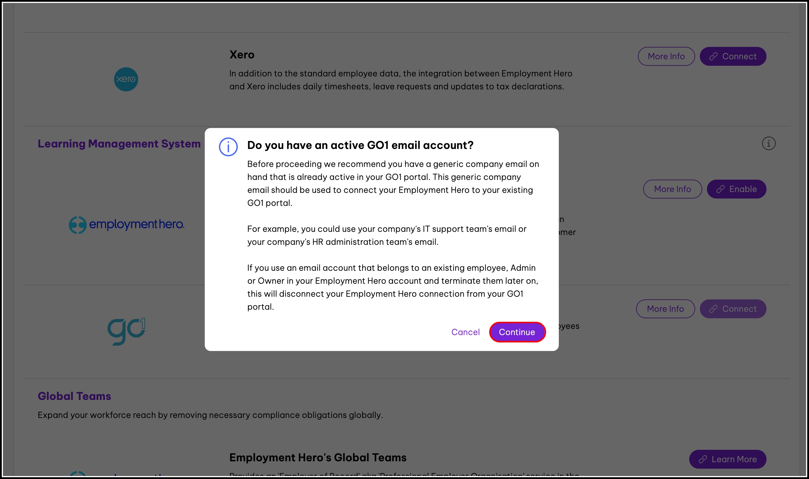 screenshot of the pop up asking if you have an active go 1 email, highlighting the continue button