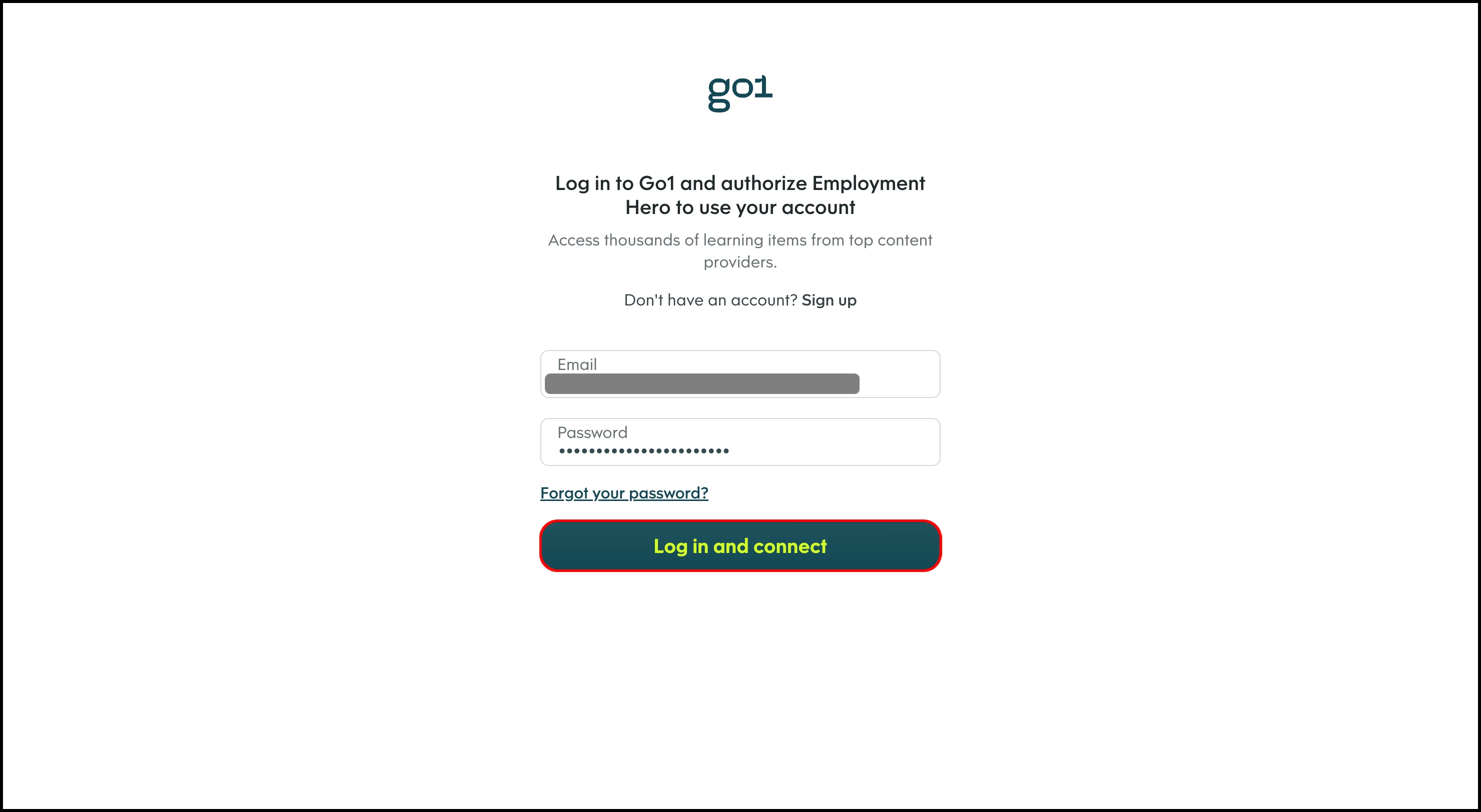 screenshot of the go 1 login page, highlighting the log in and connect button