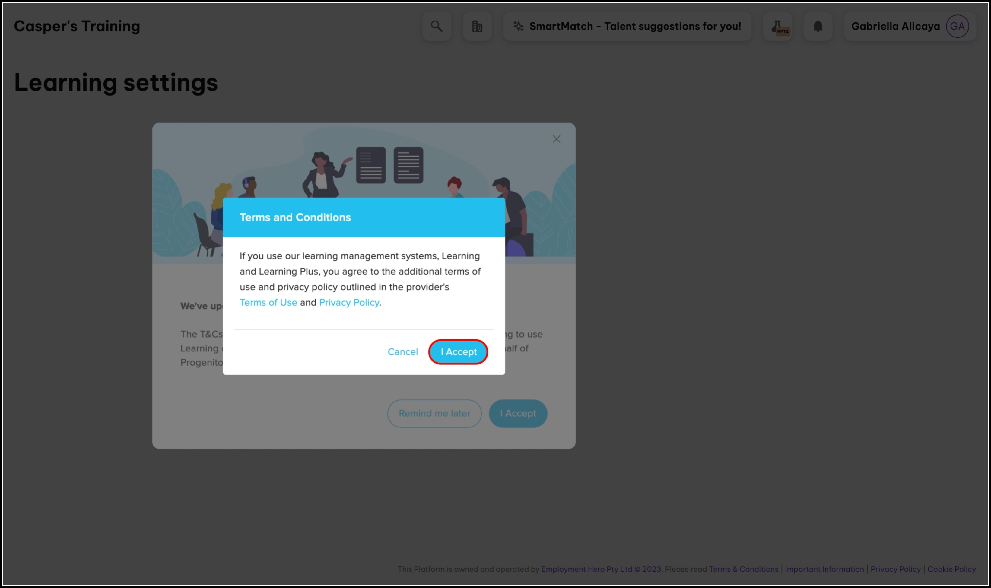 screenshot of the learning settings page, highlighting the i accept button for the terms and conditions