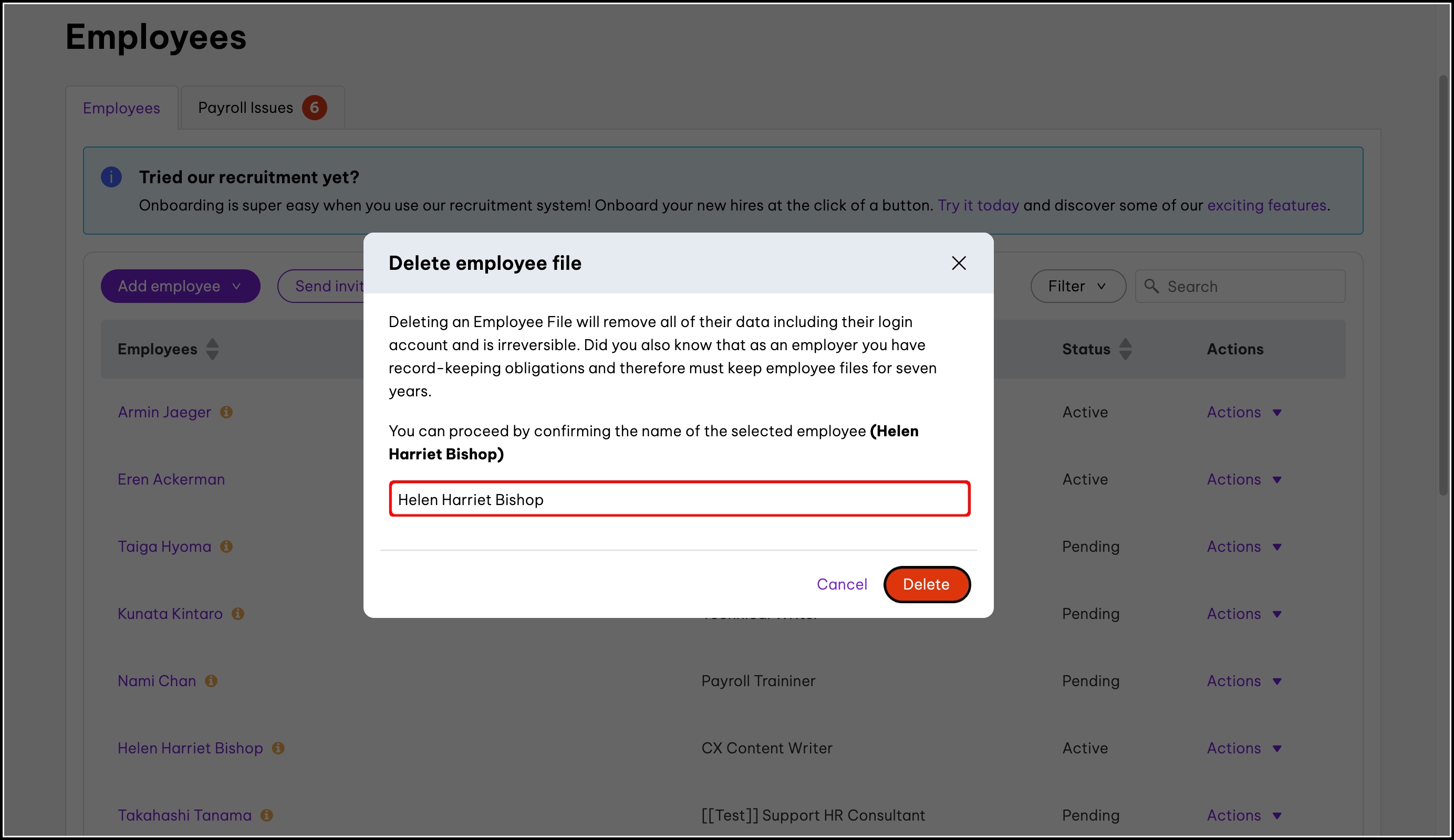 screenshot of the delete employee file pop-up, highlighting the textbox for the name and the delete buttons