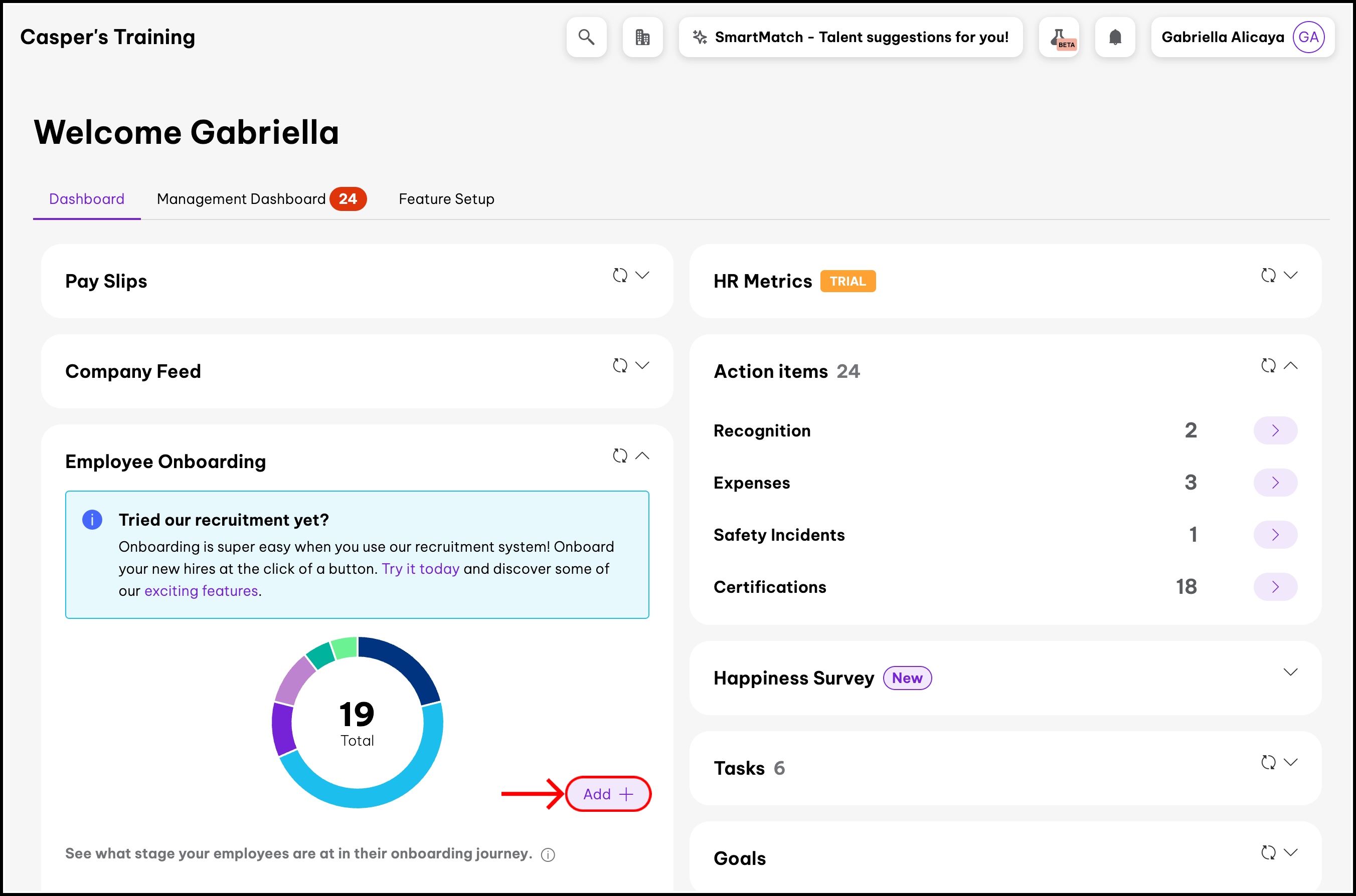 screenshot of dashboard, highlighting the add button in the employee onboarding section