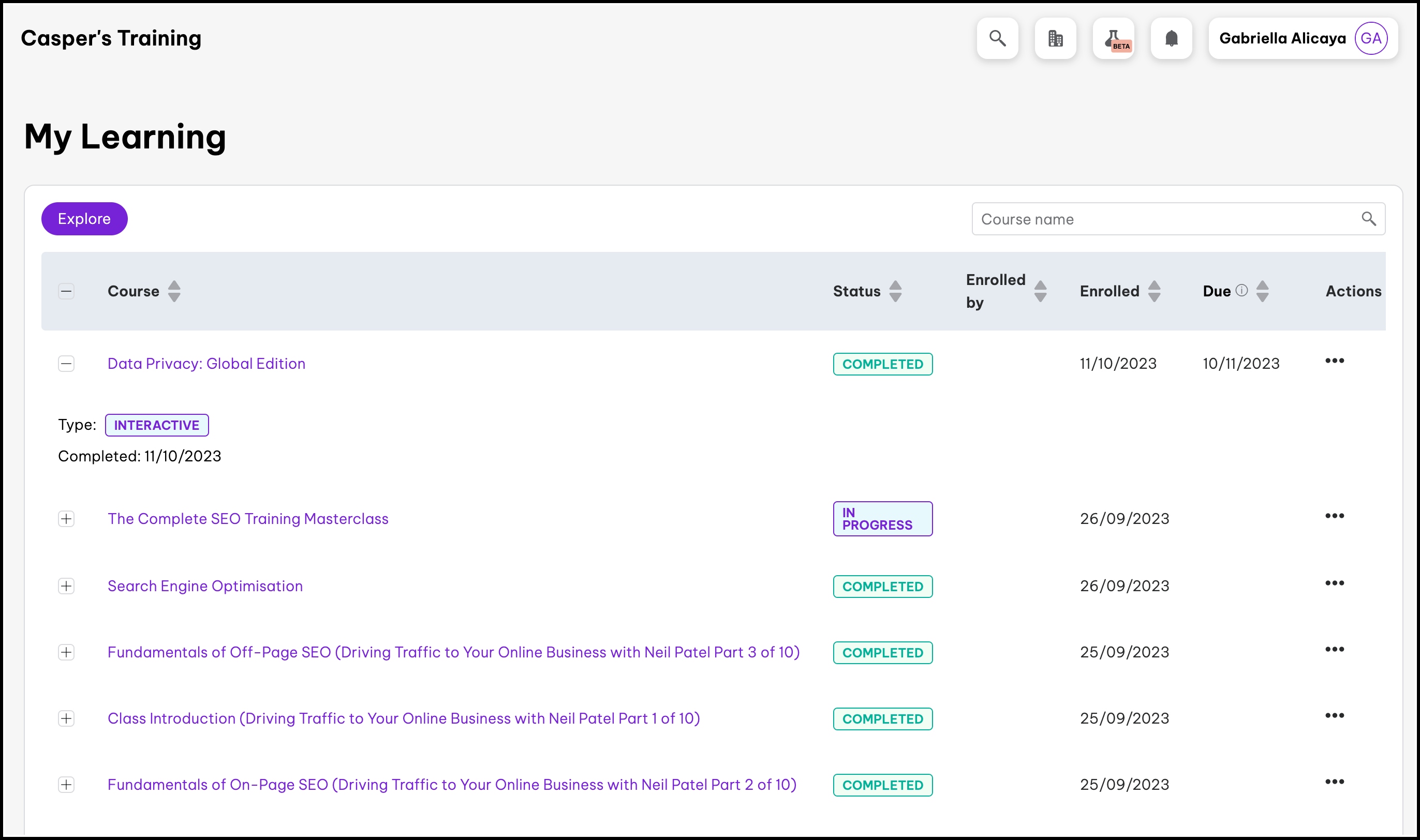 screenshot of the my learning page, showing the details of a learning course
