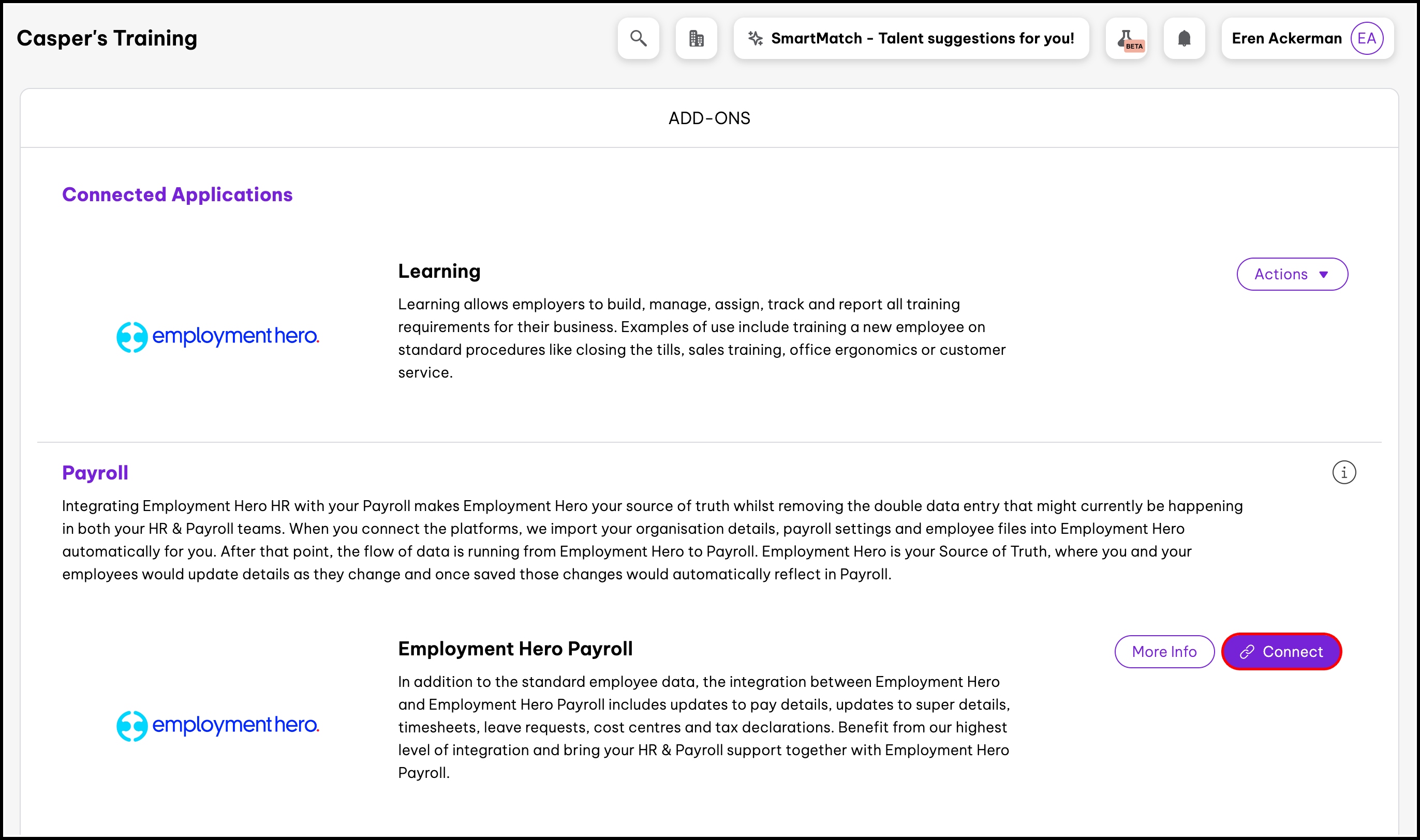screenshot of the add-ons page, highlighting the connect button for employment hero payroll