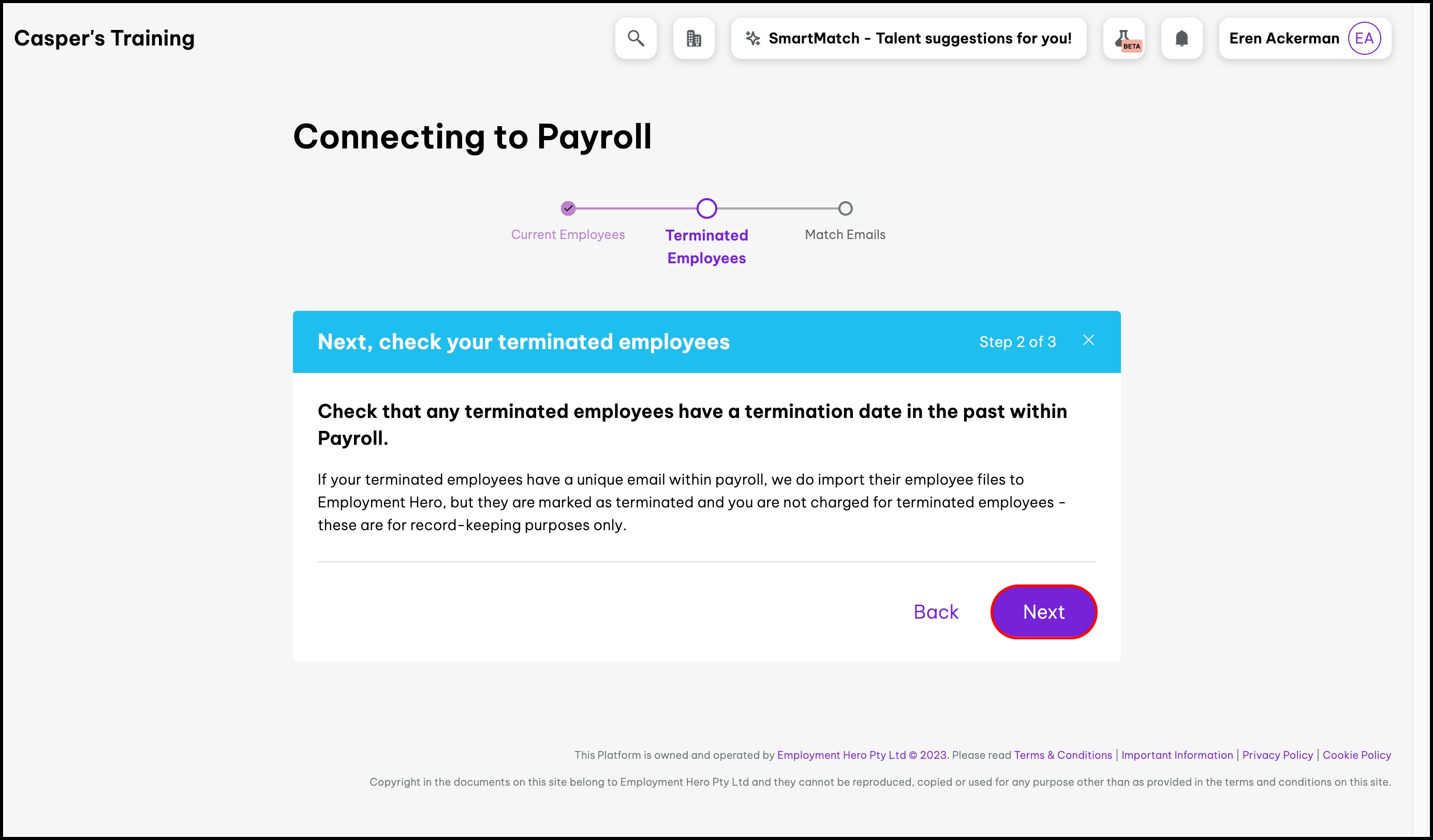 screenshot of the terminated employees screen, highlighting the next button