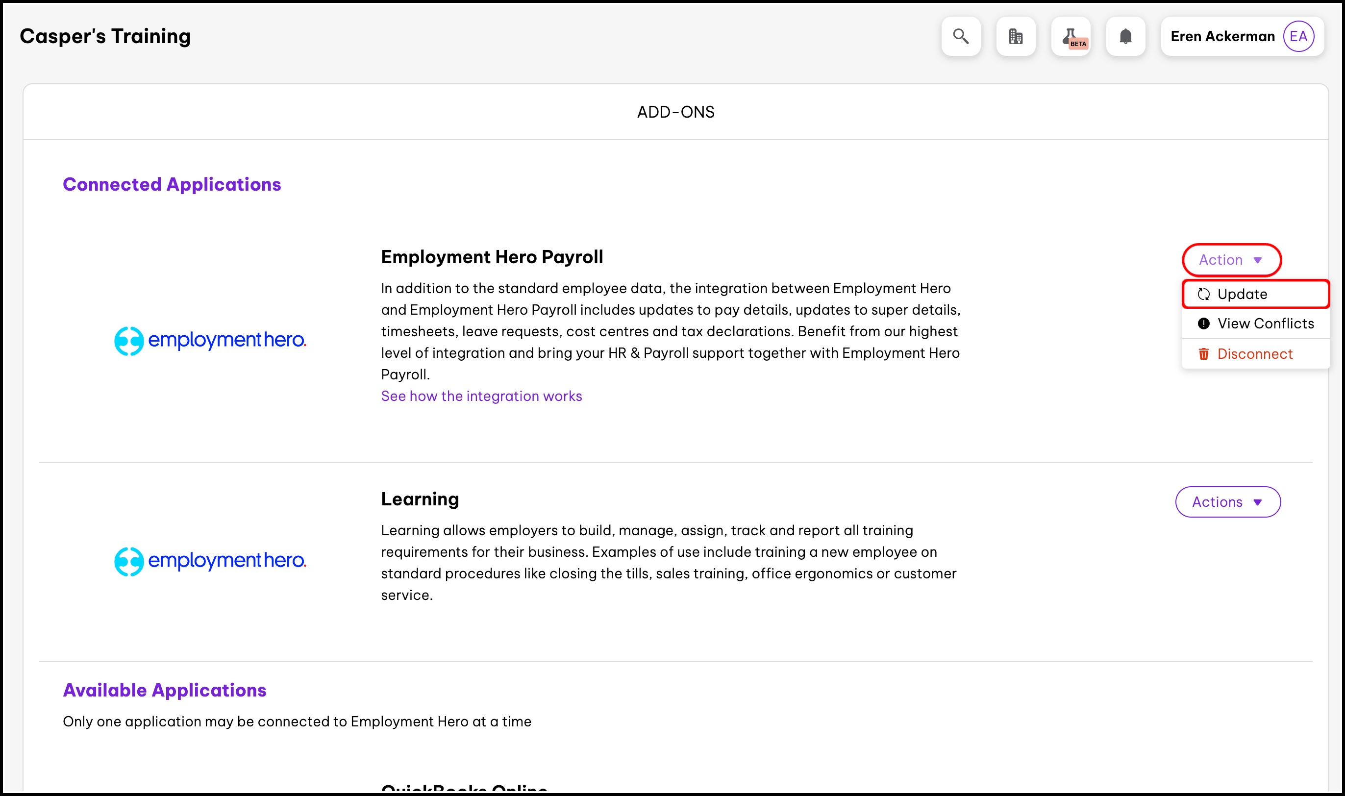screenshot of the add ons screen, highlighting the action and update buttons for employment hero payroll