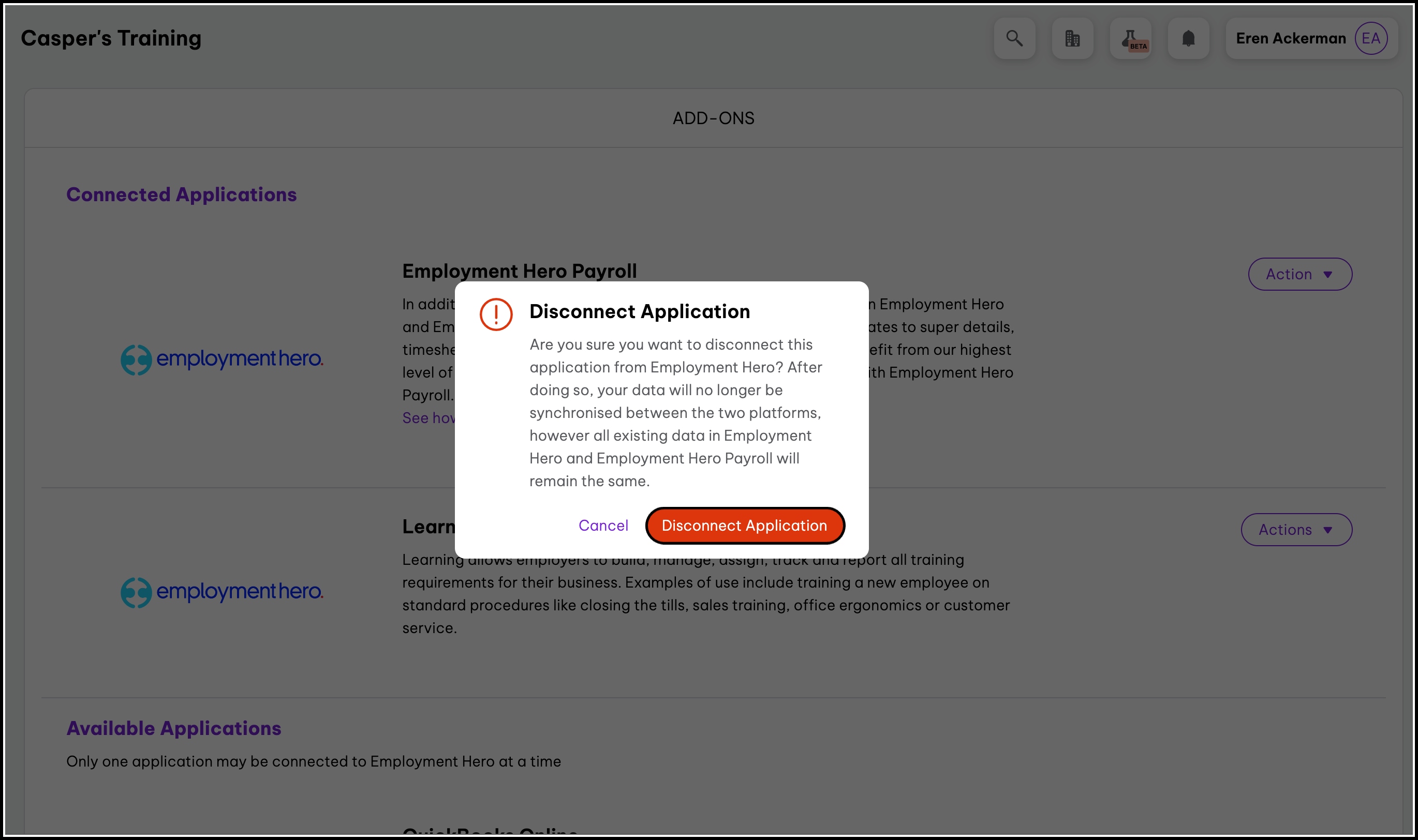 screenshot of the disconnect application confirmation pop up, highlighting the disconnect application button