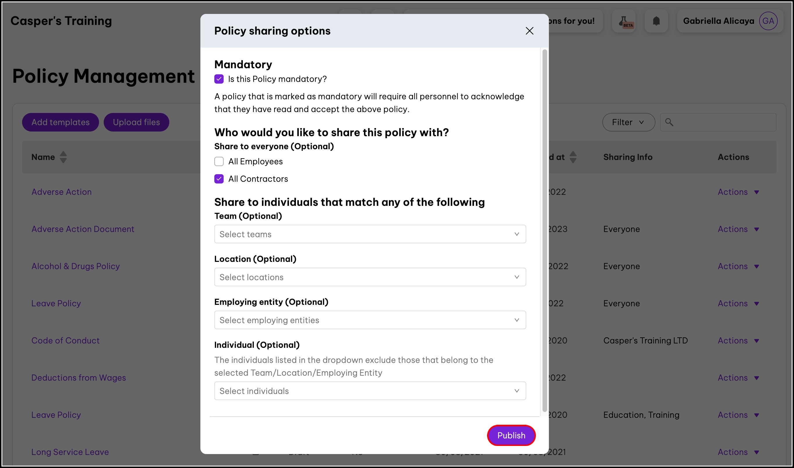 screenshot of the policy sharing options pop up, highlighting the publish button