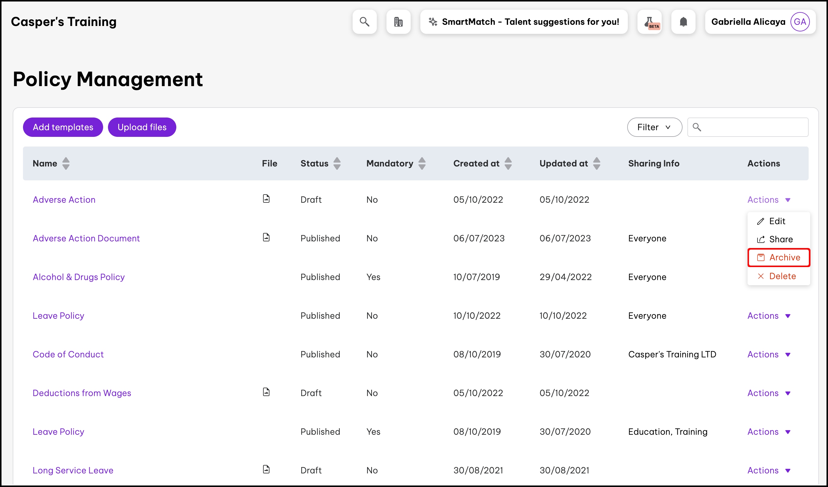 screenshot of the policy management screen, highlighting the archive button