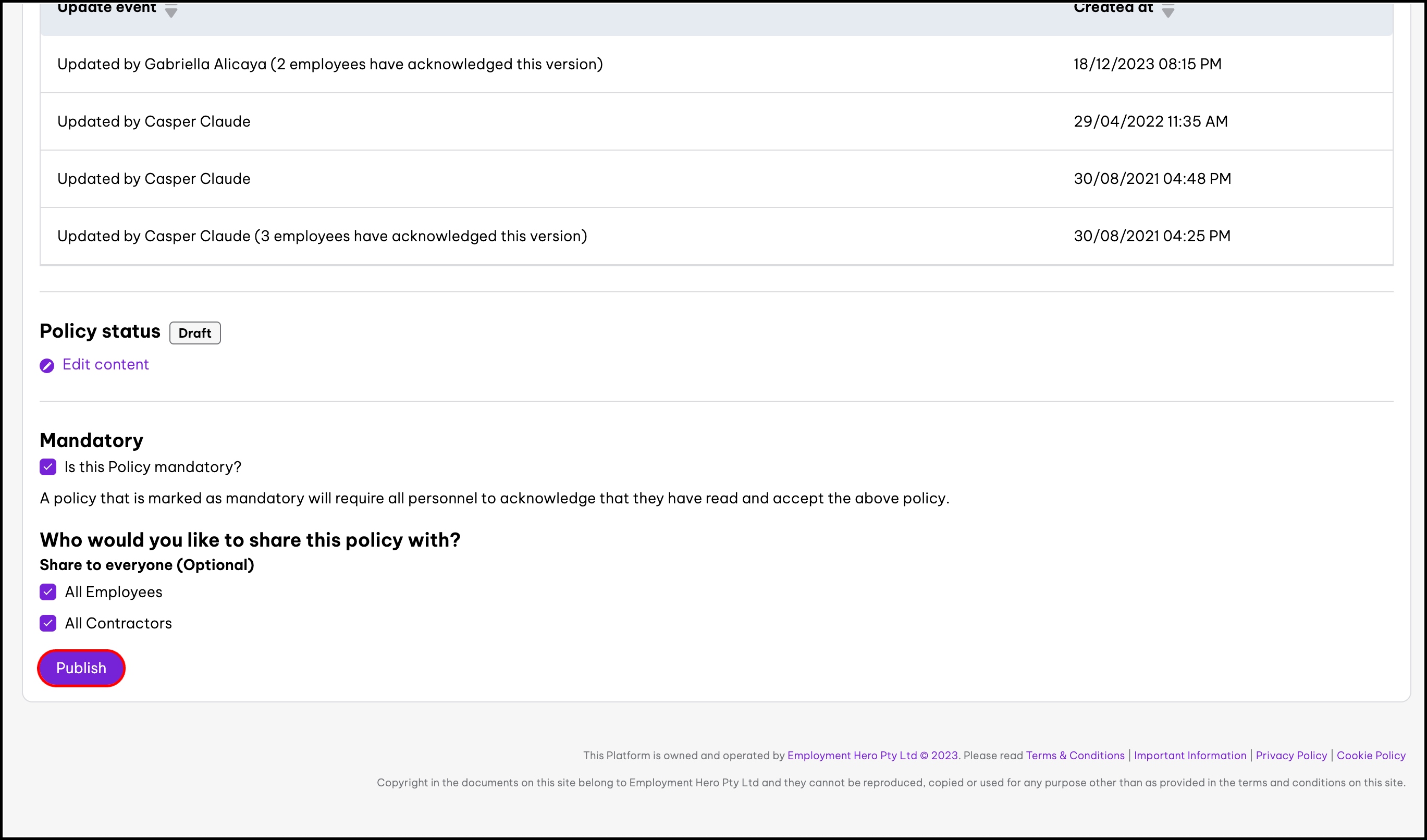 screenshot of the edited policy, highlighting the publish button