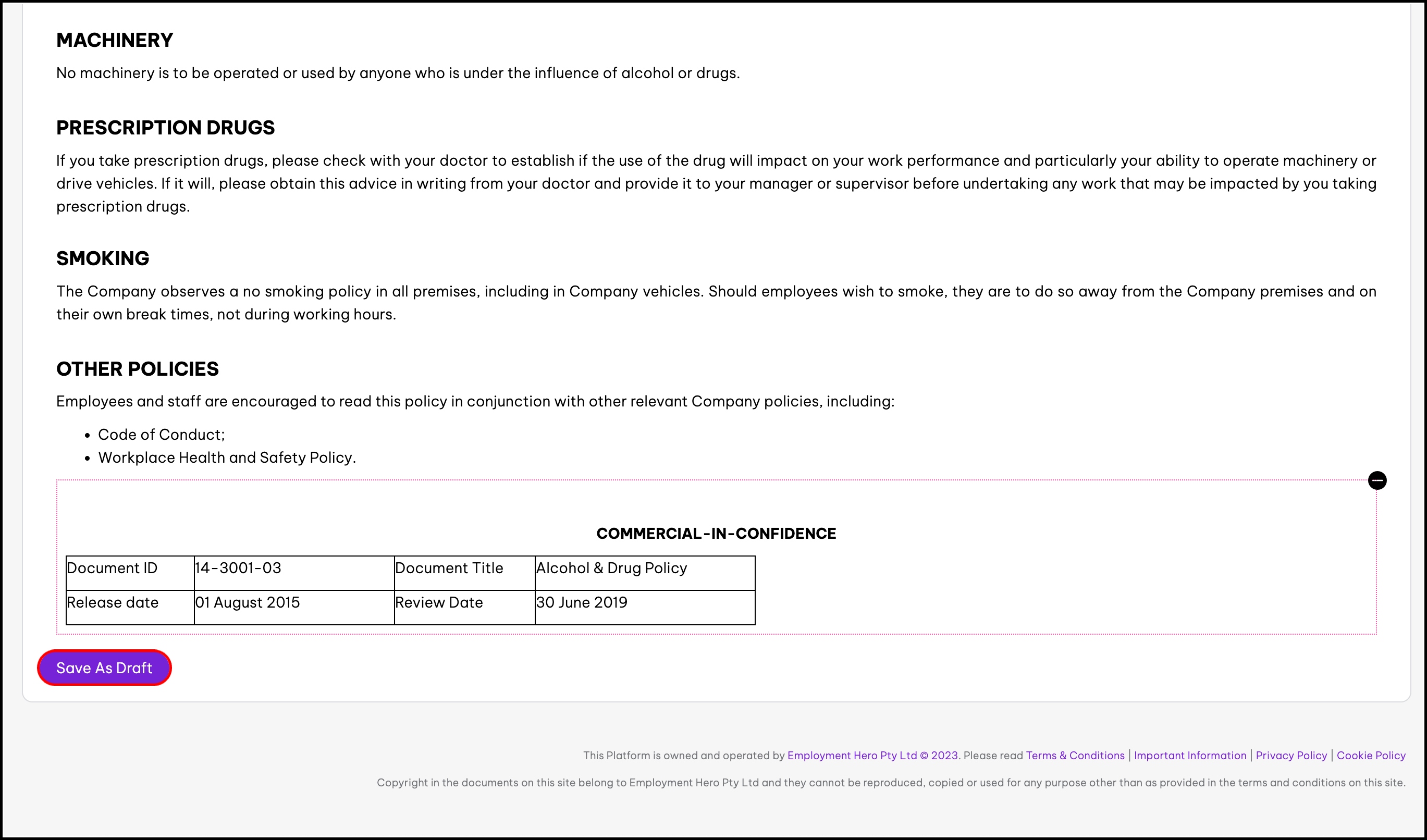 screenshot of the policy template, highlighting the save as draft button