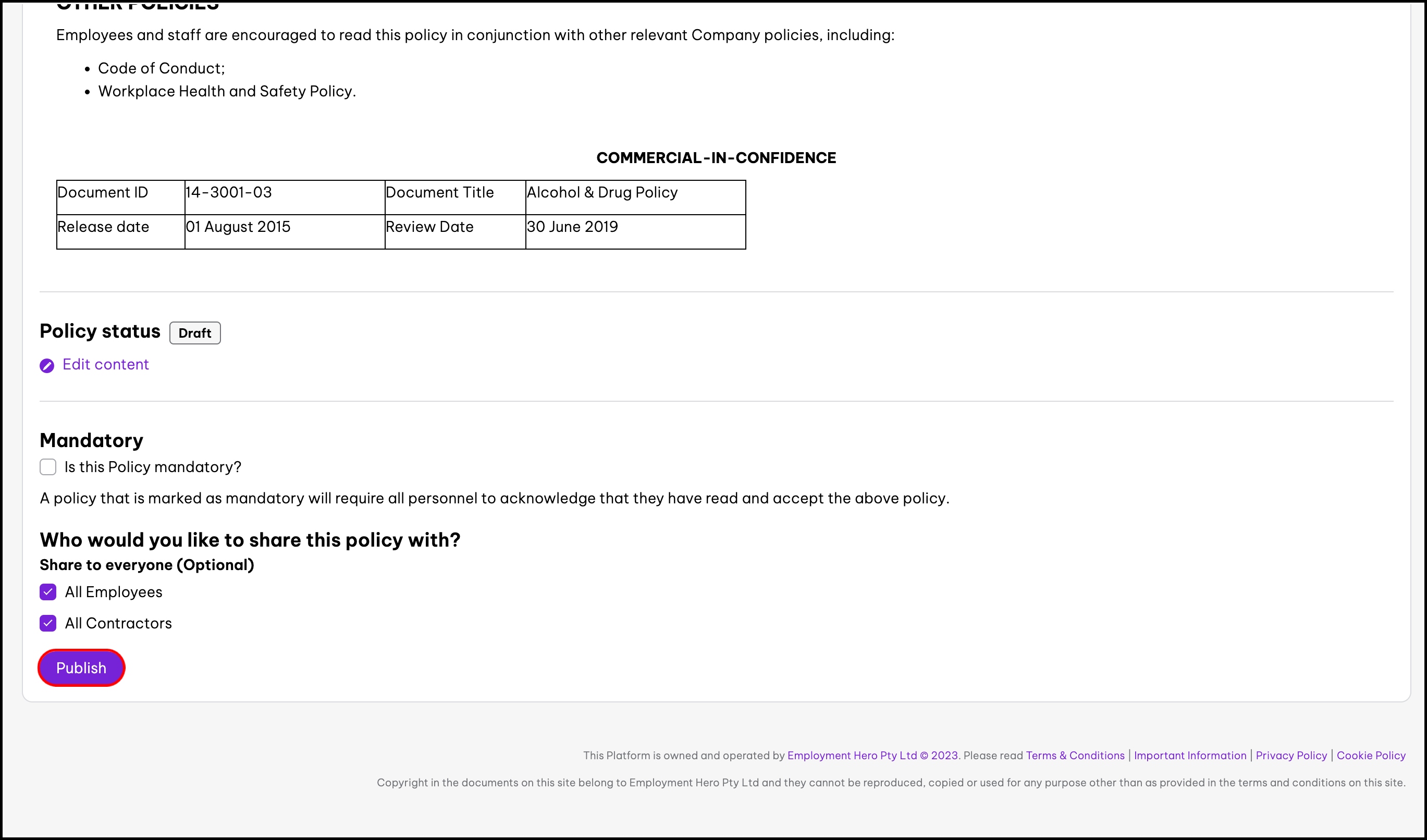 screenshot of the policy template, highlighting the publish button