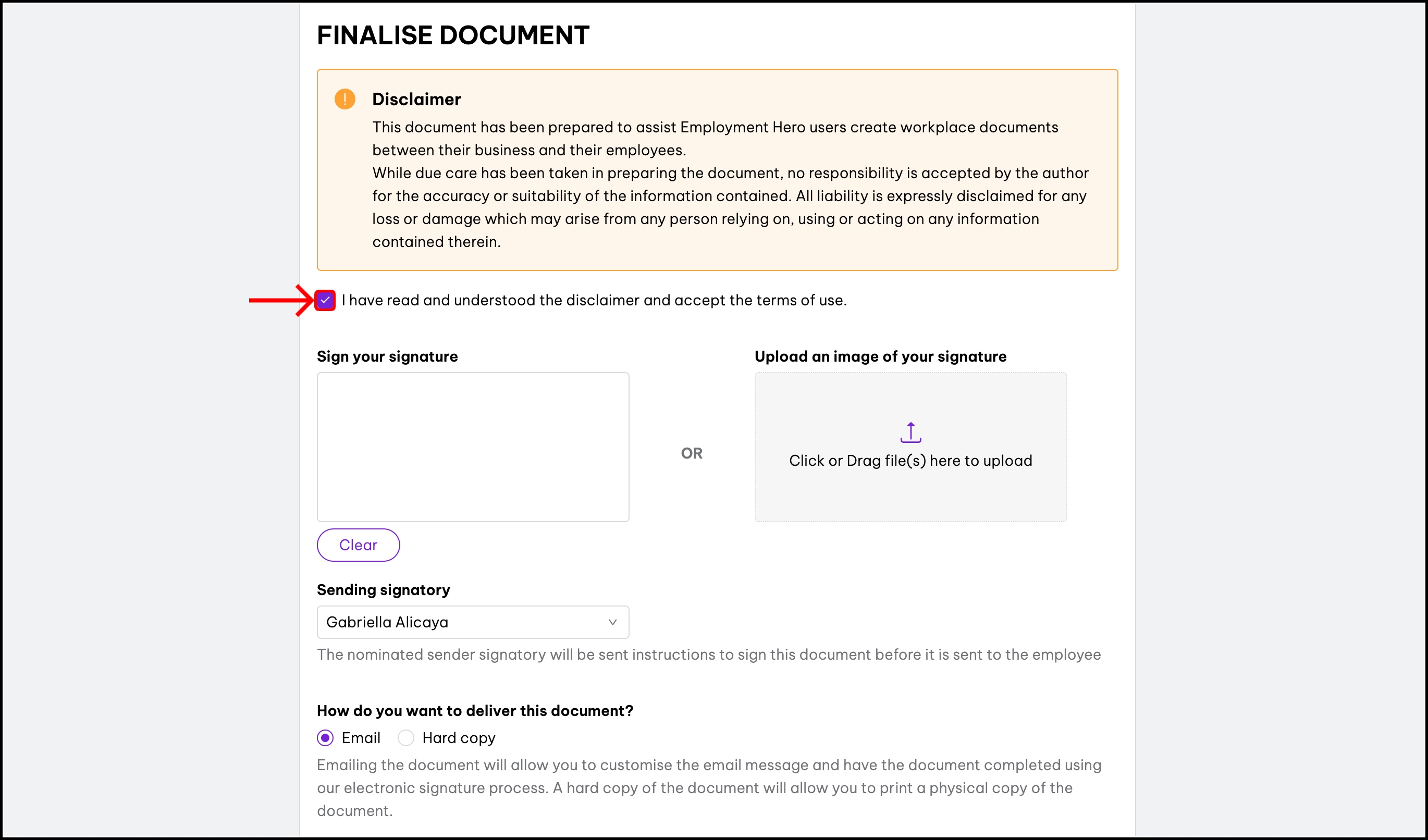 screenshot of the finalise document section, highlighting the acknowledgement checkbox