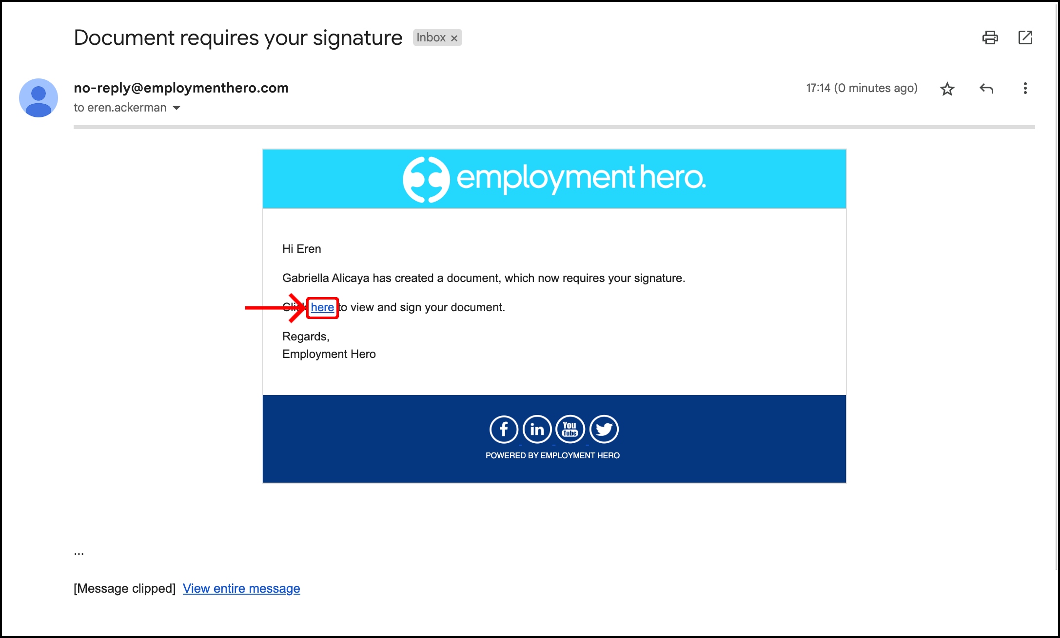 screenshot of the document requires your signature email, highlighting the here link