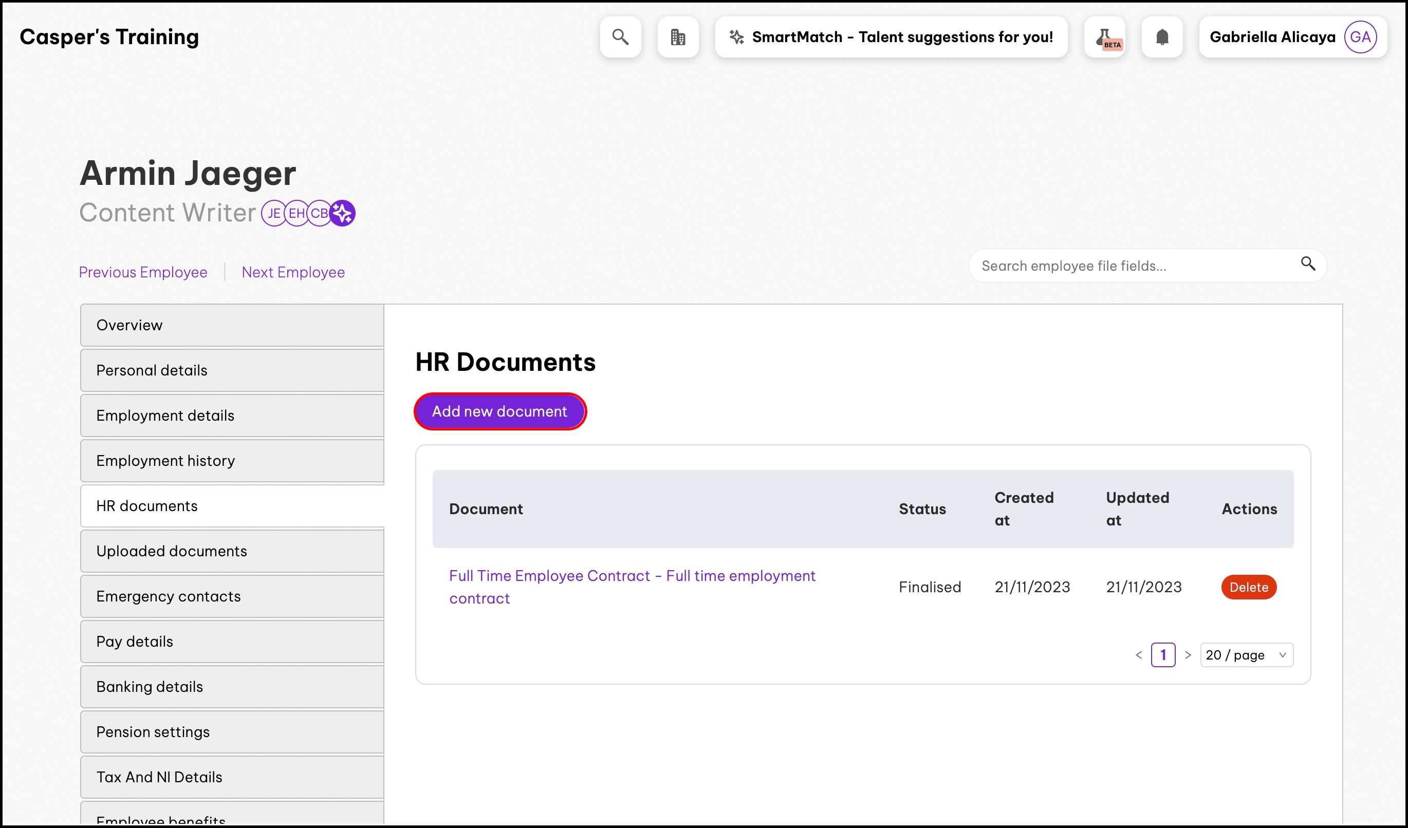 screenshot of the hr documents tab for an employee, highlighting the add new document button