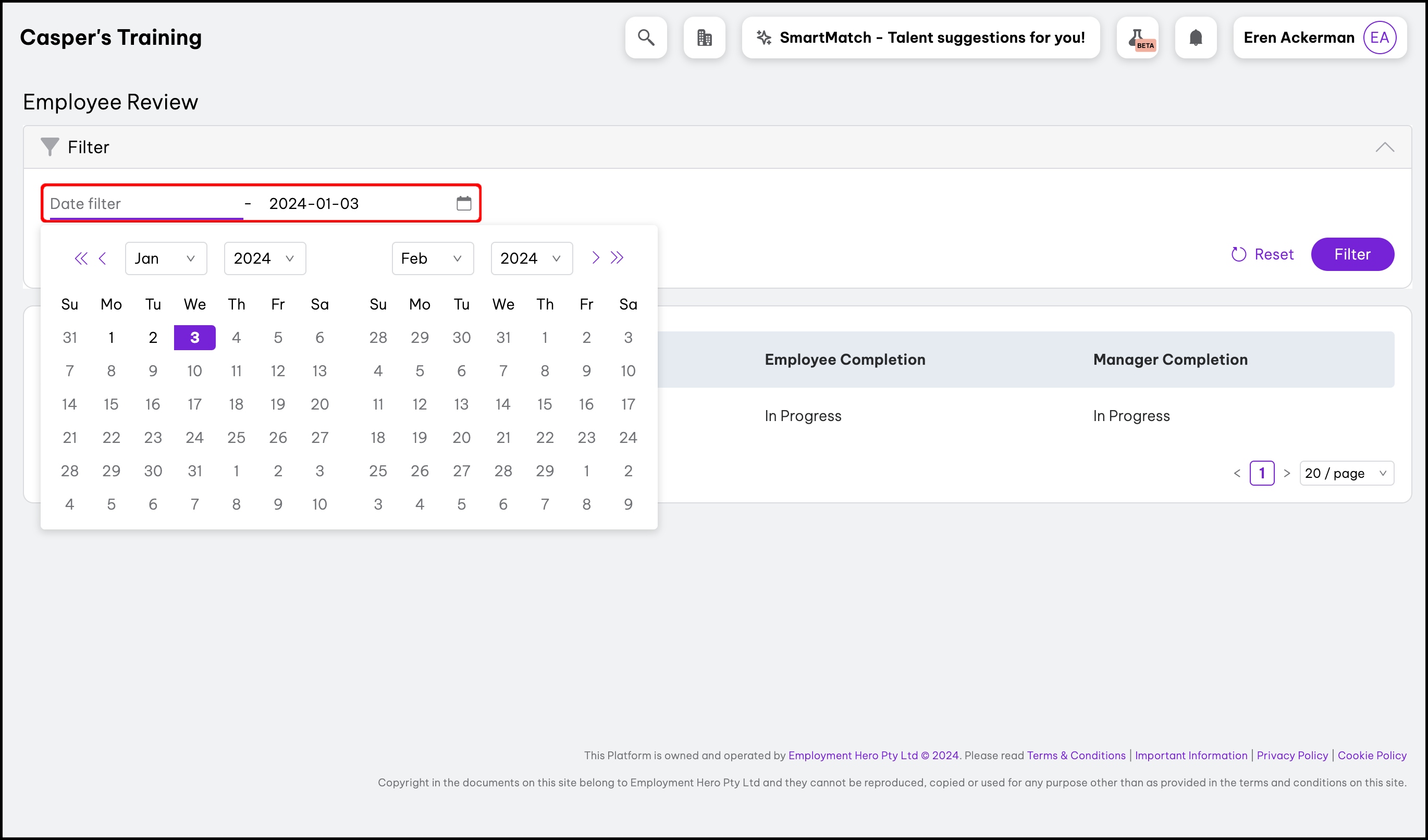 screenshot of the employee review page, highlighting the date range field