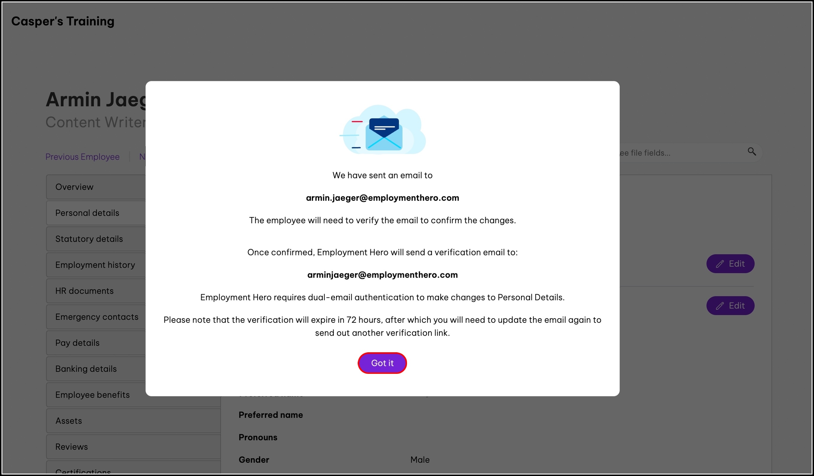 screenshot of the email confirmation modal, highlighting the got it button