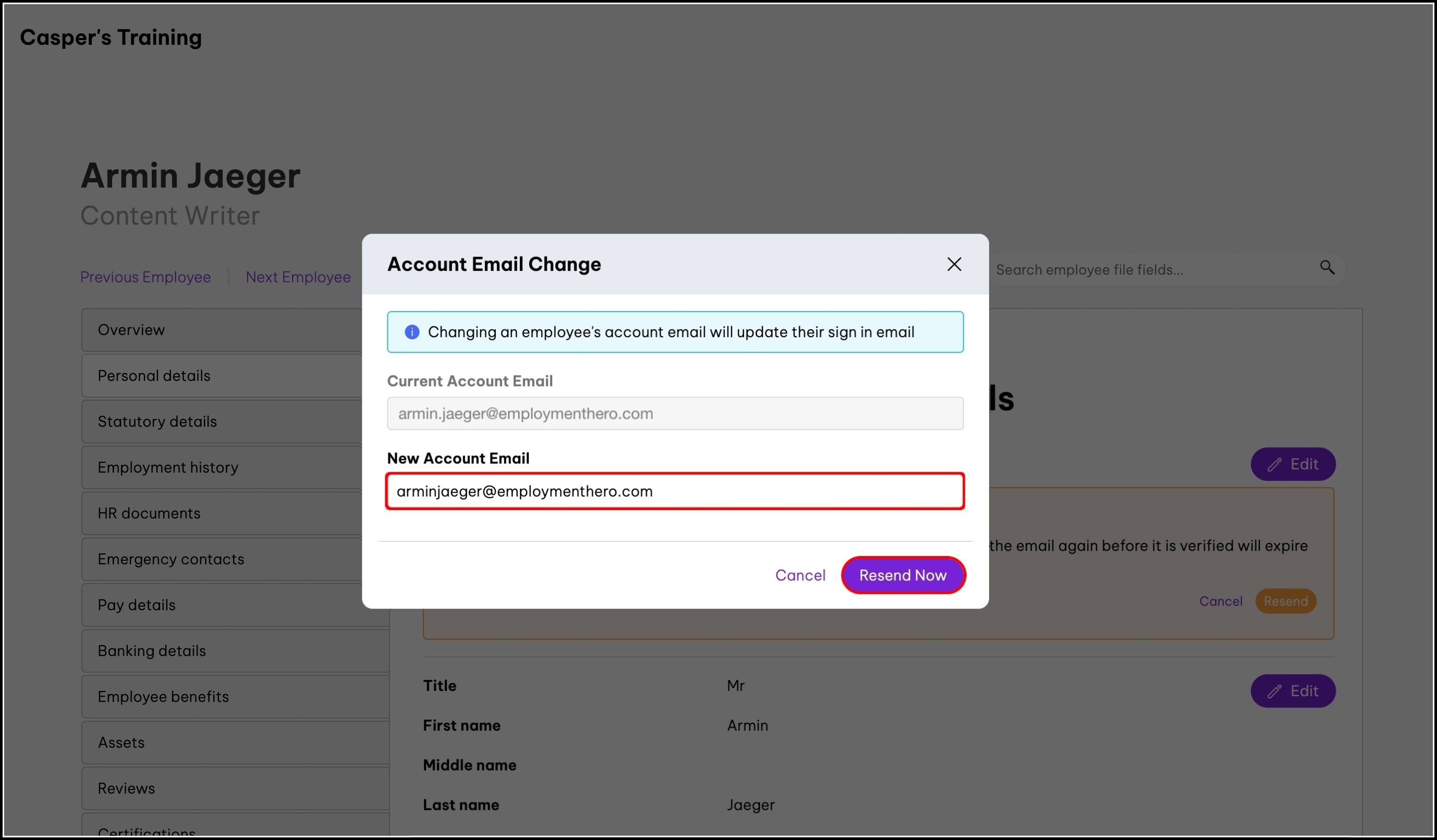 screenshot of the email change modal, highlighting the new account email field and resend now button