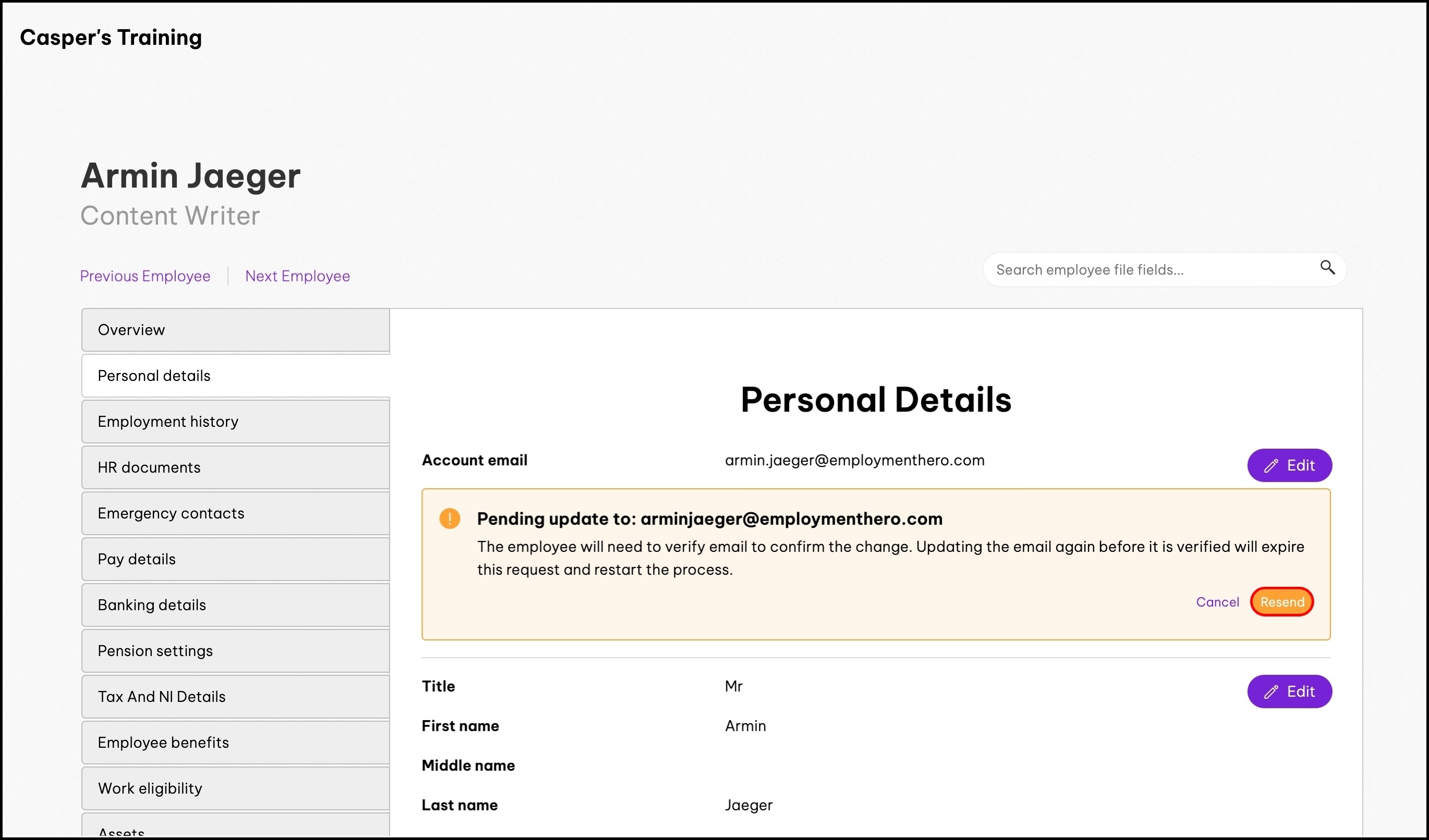 screenshot of the personal details page, highlighting the resend button