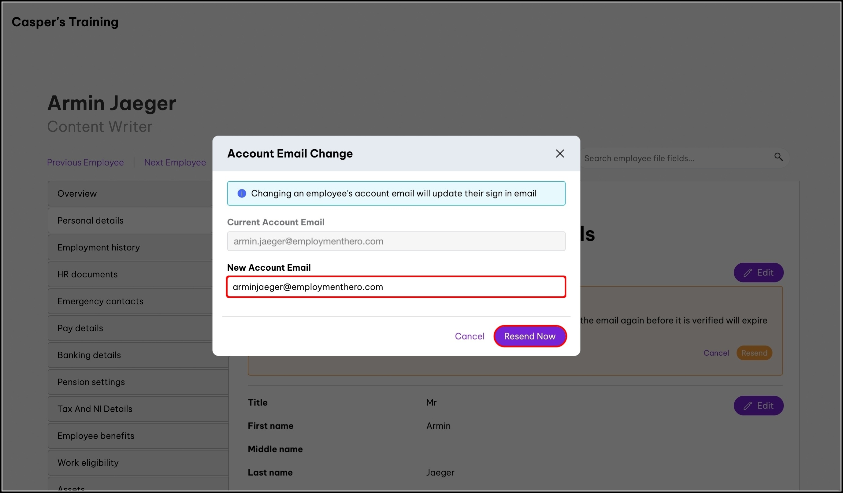 screenshot of the email change modal, highlighting the new account email field and resend now button