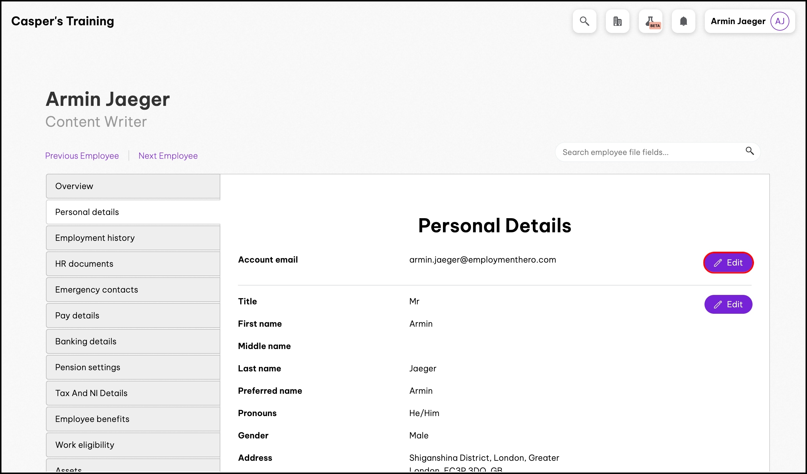 screenshot of the personal details screen, highlighting the edit button for the account email