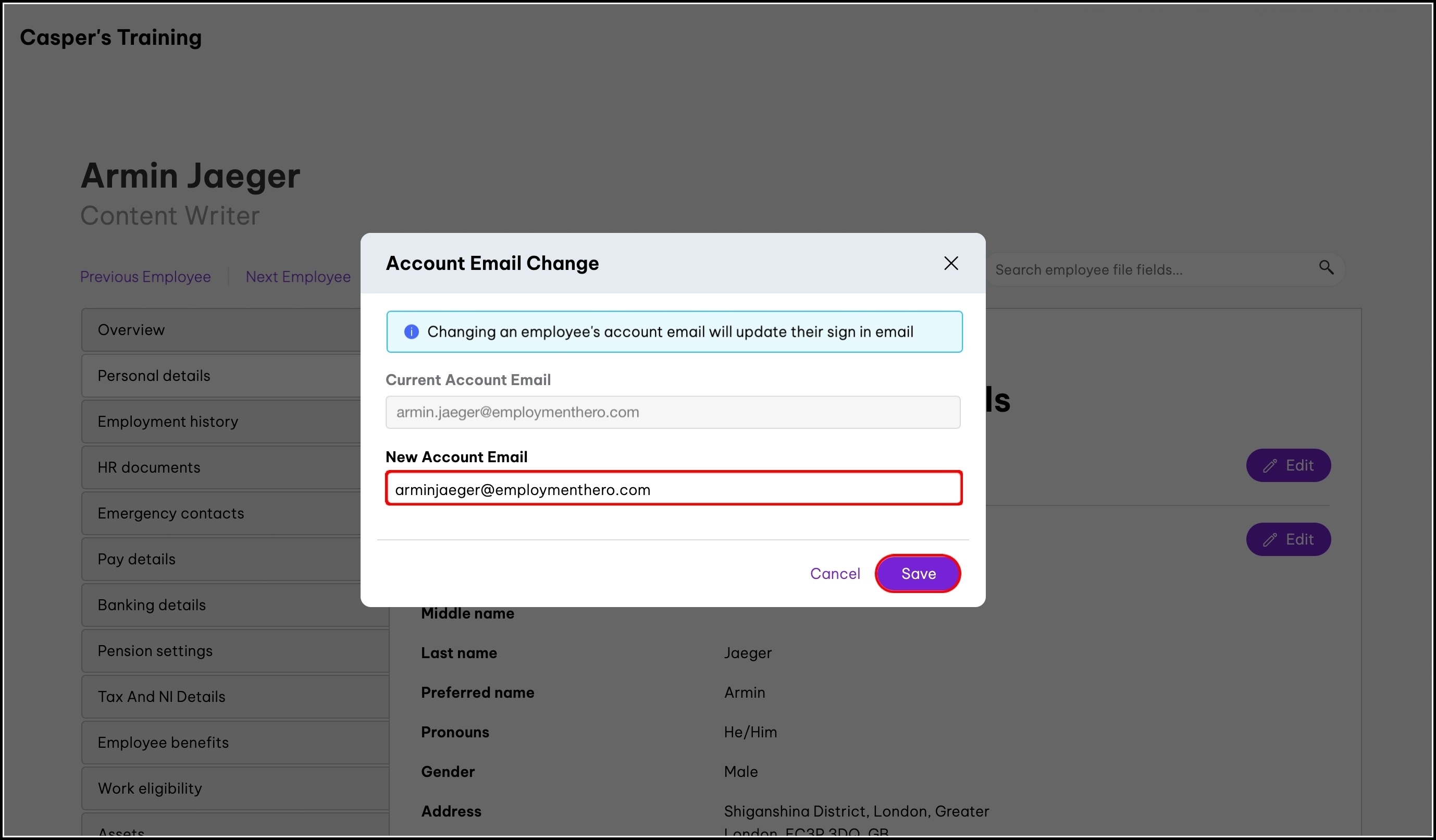screenshot of the account email change modal, highlighting the new account email field and save button
