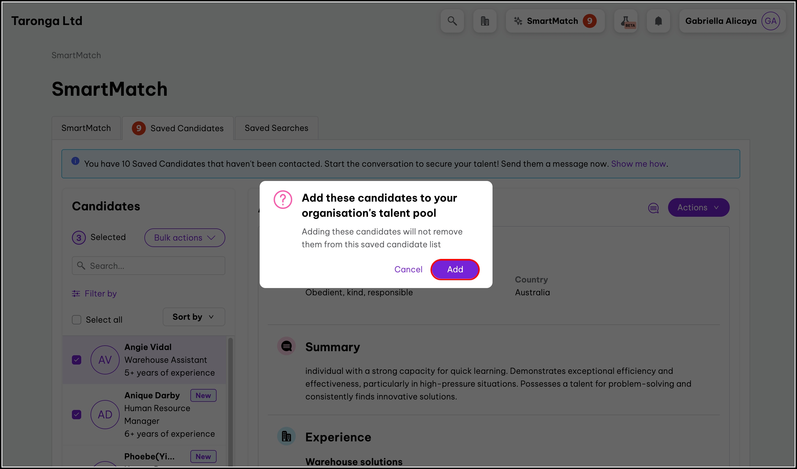 screenshot of the add candidates to talent pool popup, highlighting the add button
