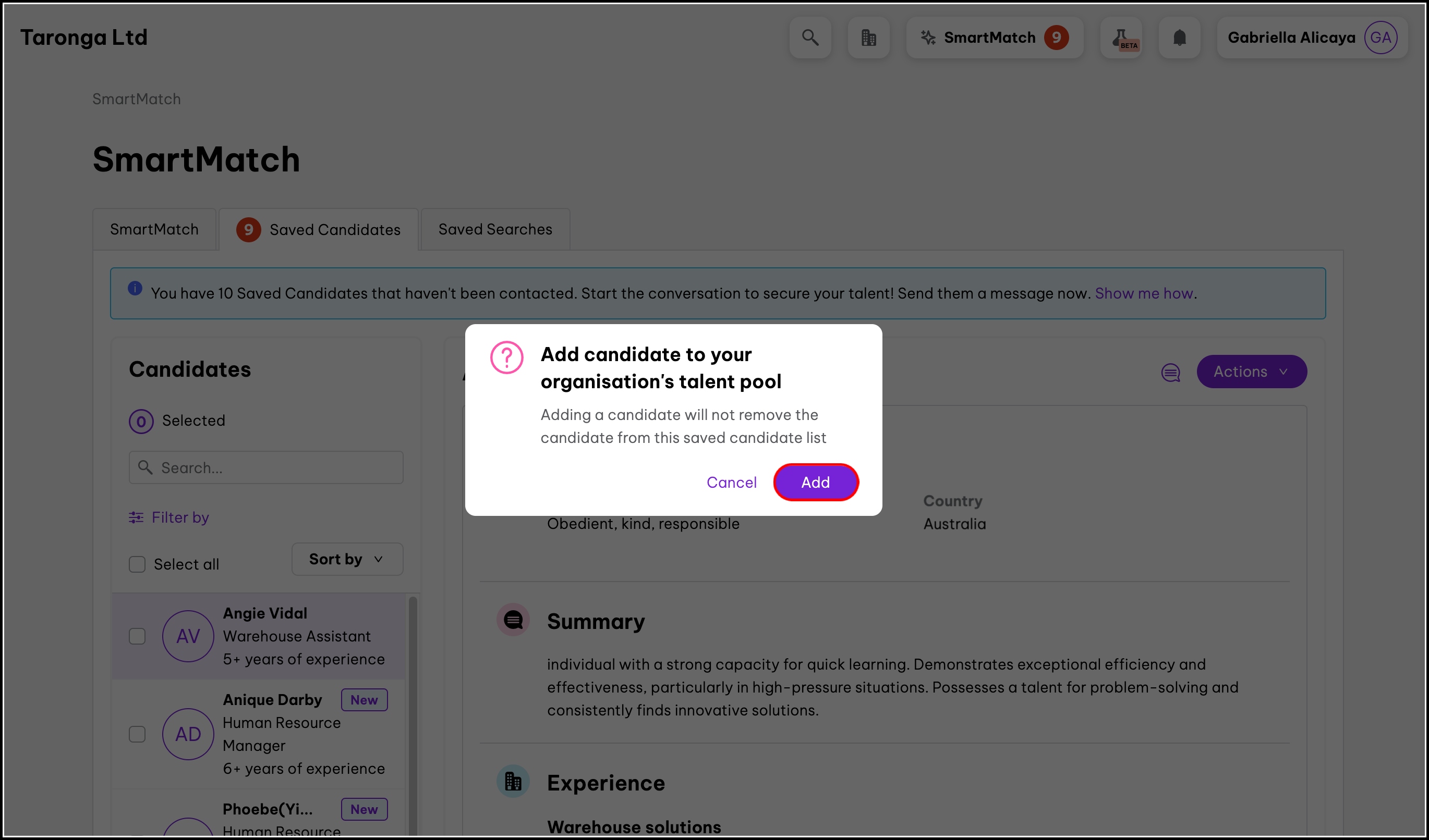 screenshot of the add candidate to talent pool popup, highlighting the add button