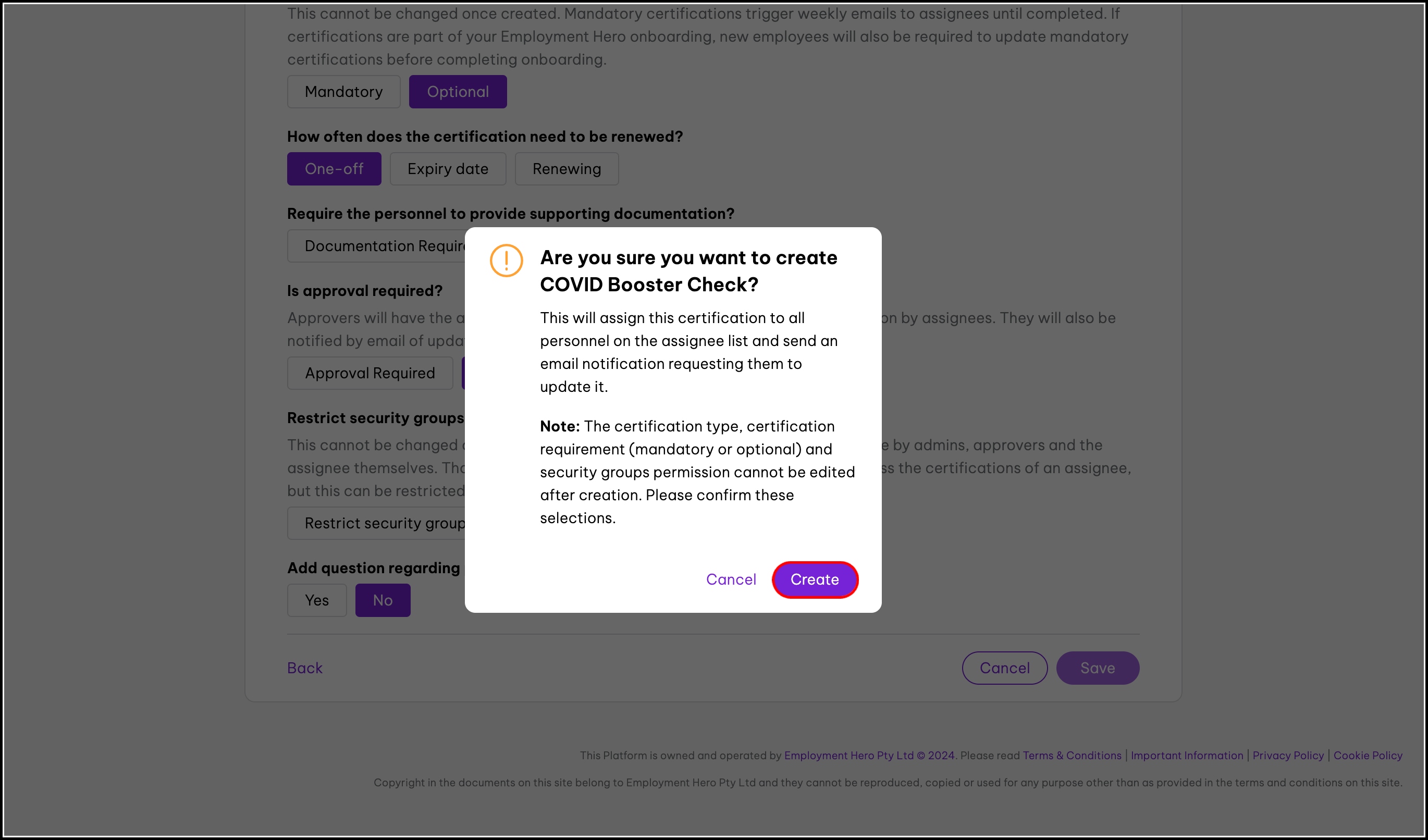screenshot of the creation confirmation popup, highlighting the create button