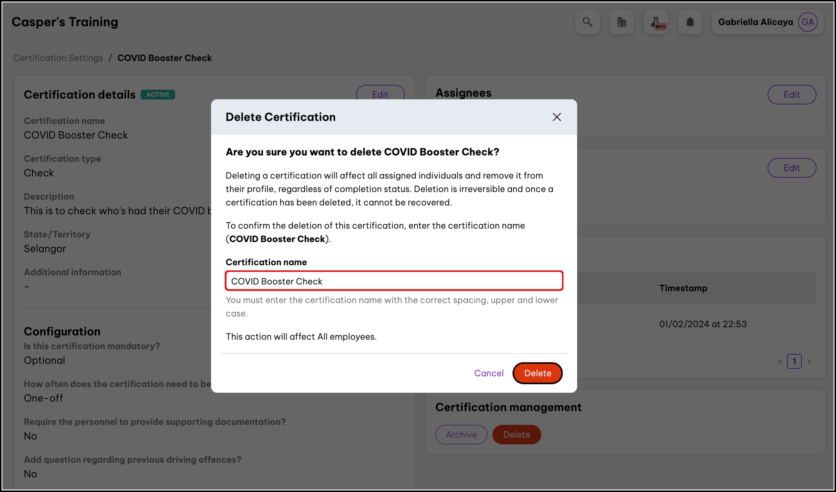 screenshot of the delete certification popup, highlighting the name field and delete button