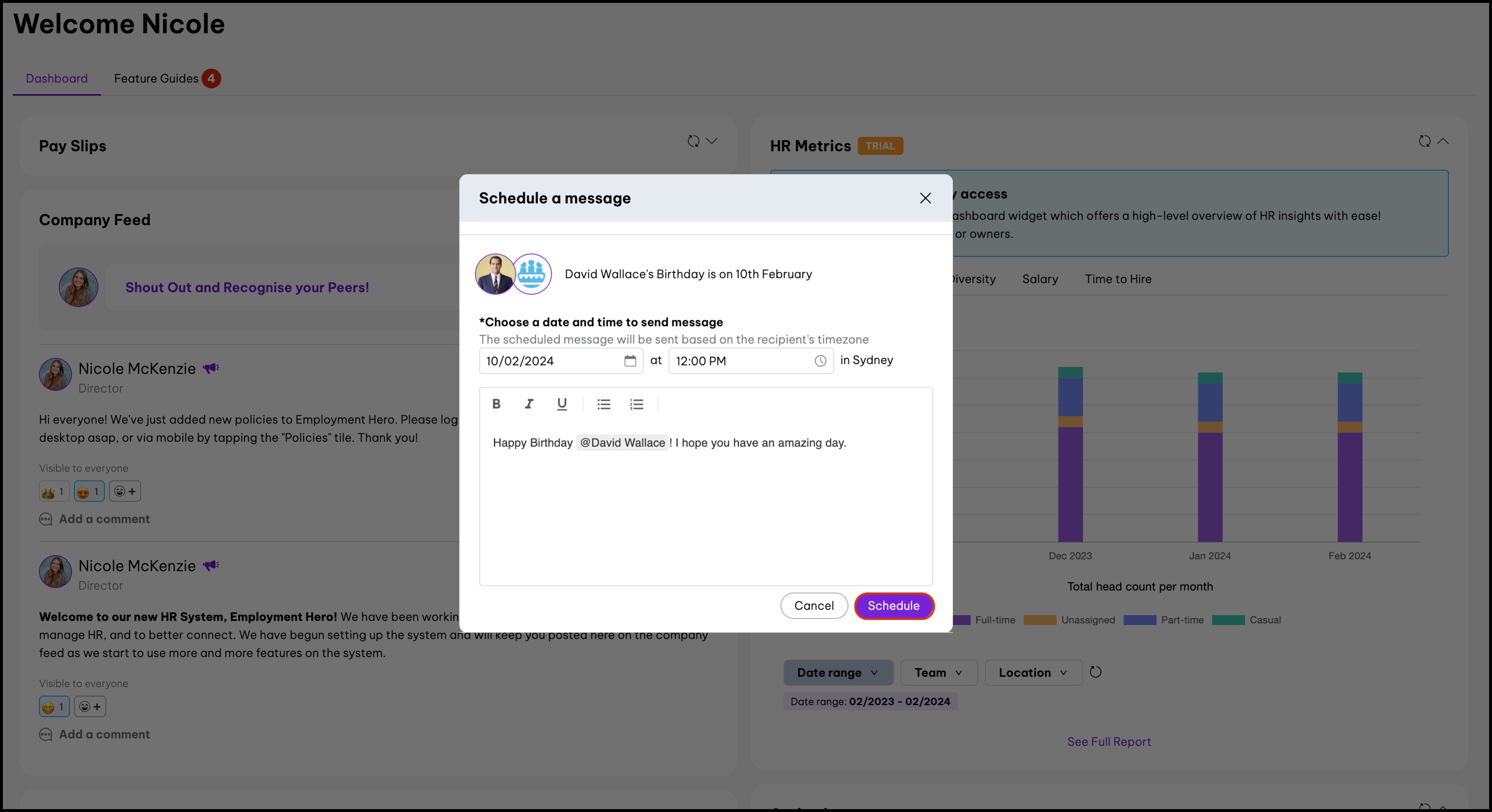 Screenshot of the HR Platform focussed on a text box that allows you to write and schedule a message for an employee milestone.