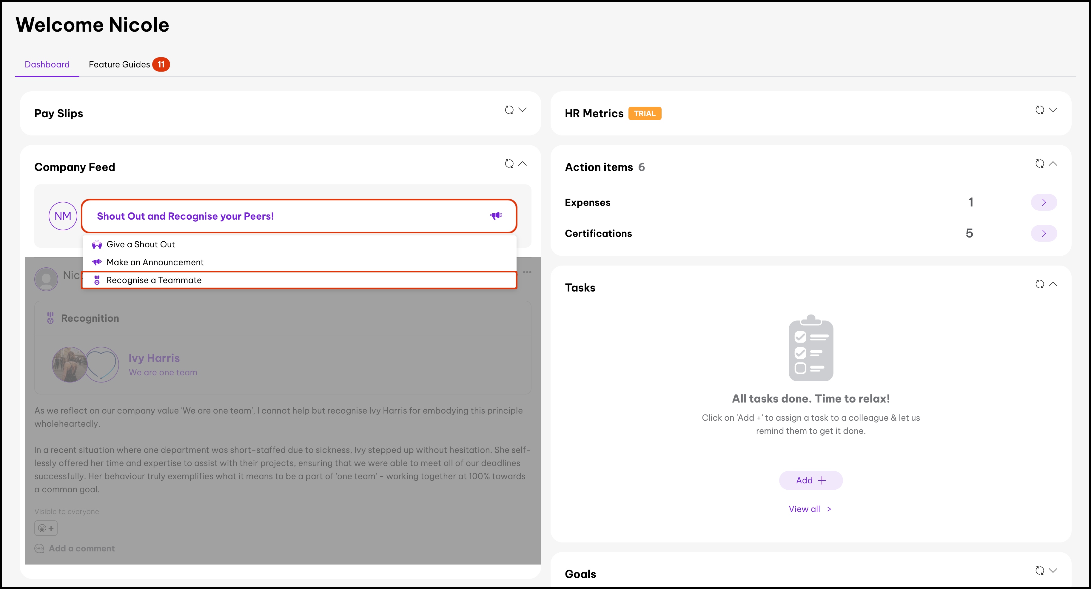 Screenshot of the HR platform showing how to recogniseyour peers