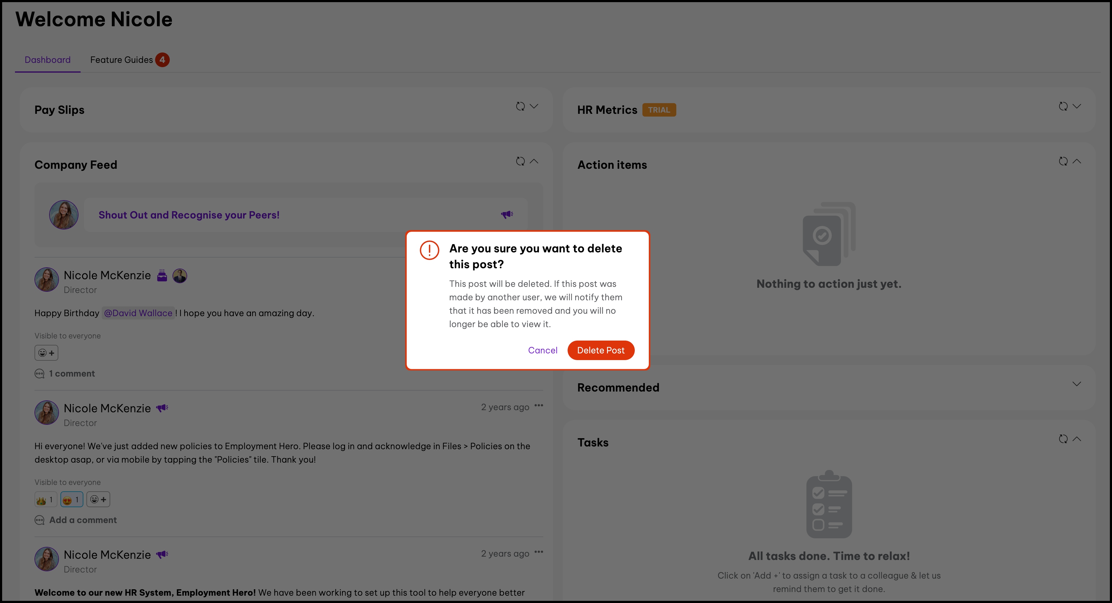 Screenshot of the HR Platform showing the options available when you delete a post from the company feed.