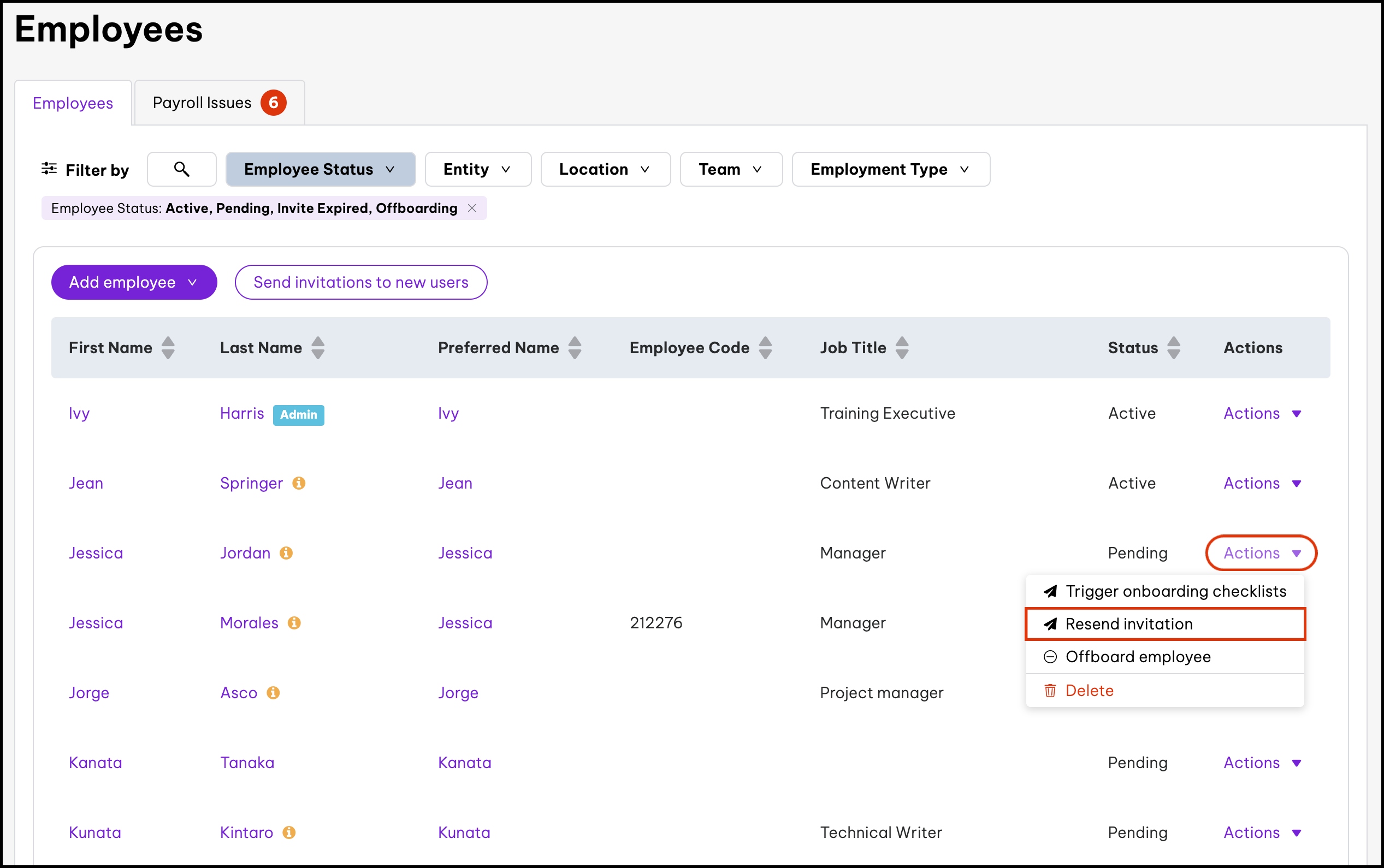 Screenshot of the HR platform highlighting the resend invitation button.