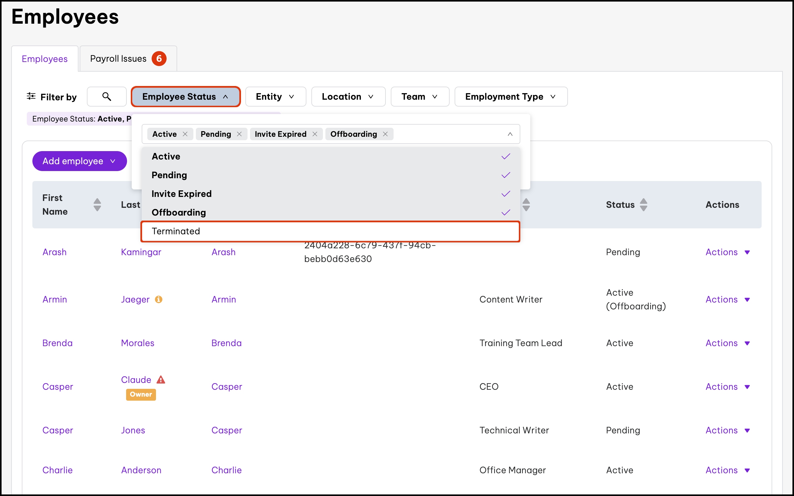 Screenshot of the HR platform highlighting how to include terminated employees in your employee list