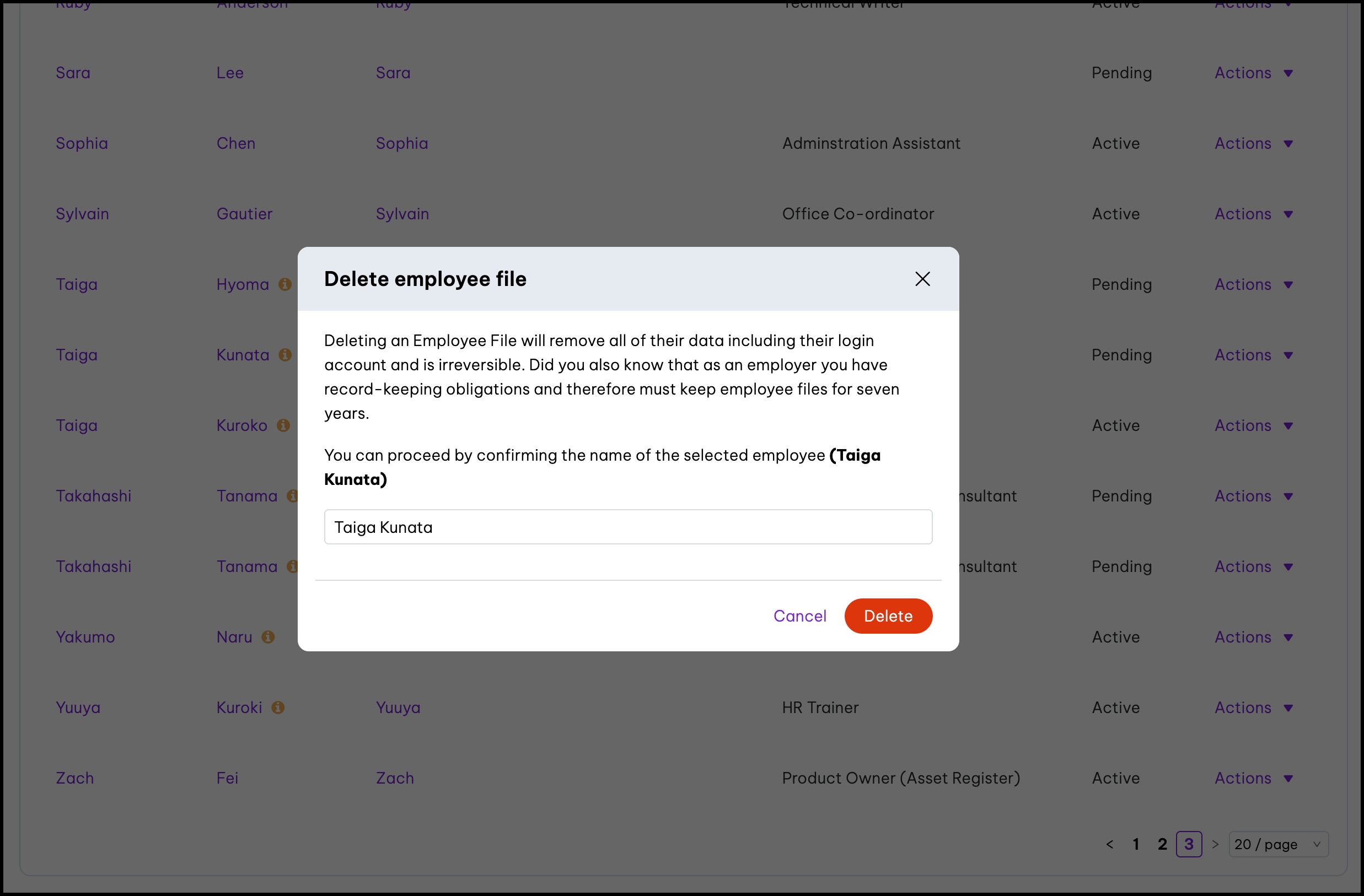 Screenshot of the HR platform highlighting the warning pop up that displays when an employee is deleted.